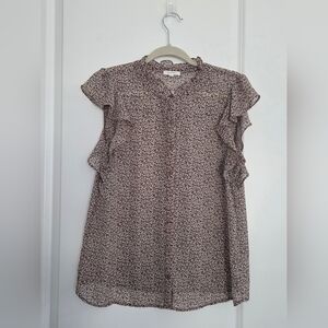 Pleione Cream and Brown Micro Floral Ruffle Sleeve Blouse